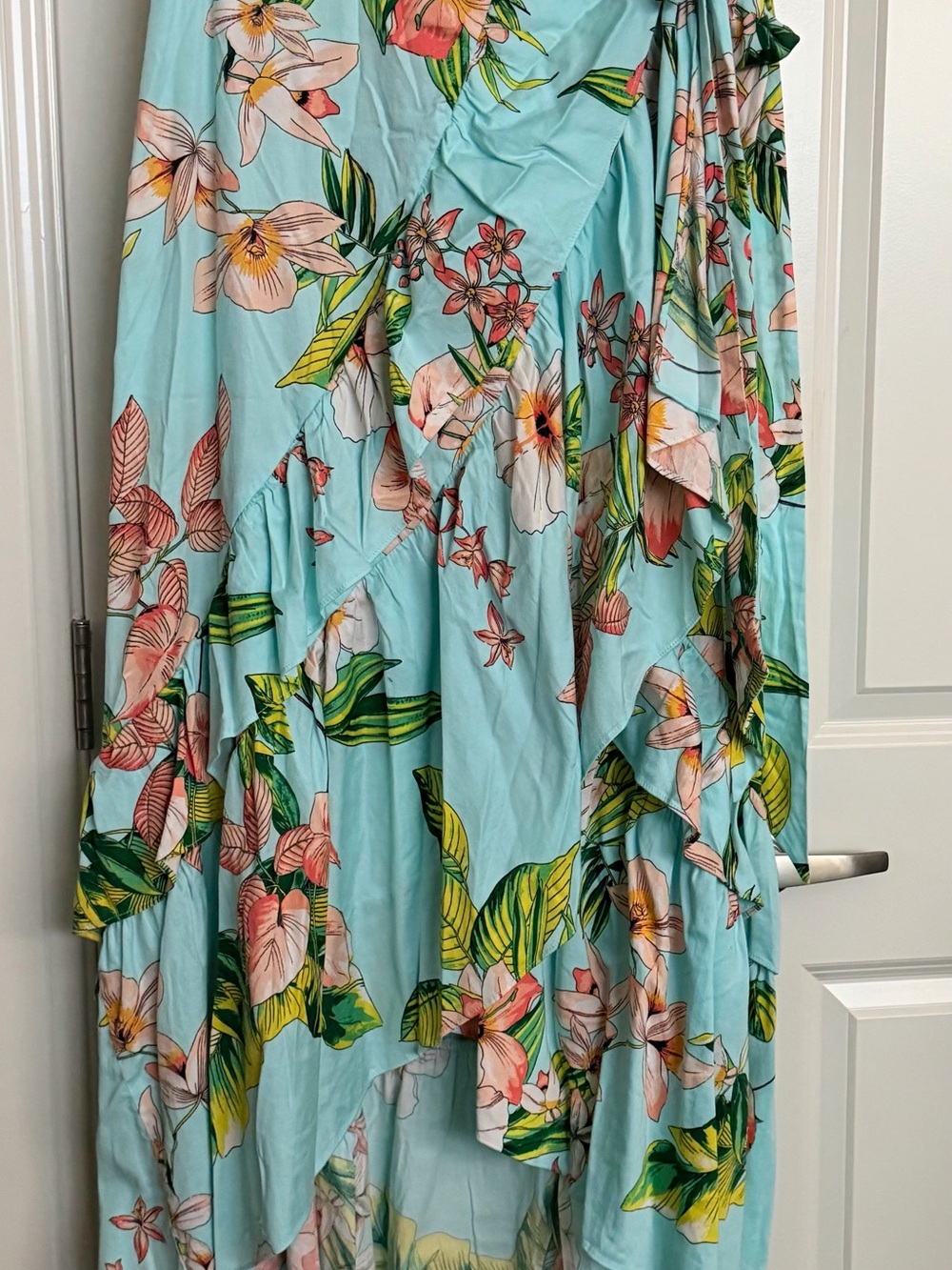 New York & Company Light Turqoise Floral High-Low Ruffle Skirt